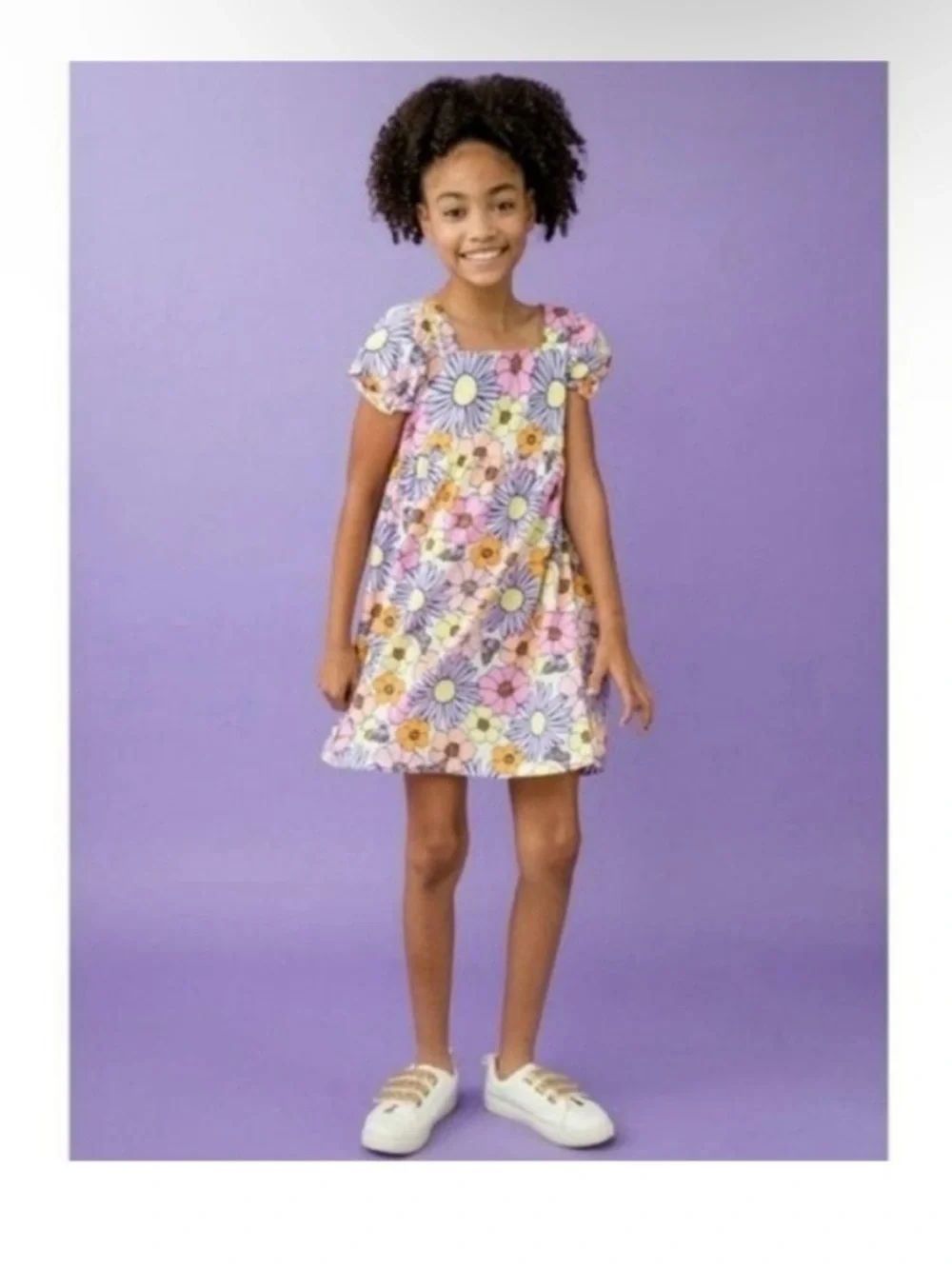 Girls floral mini dress flower floral daisy short sleeve purple pink yellow